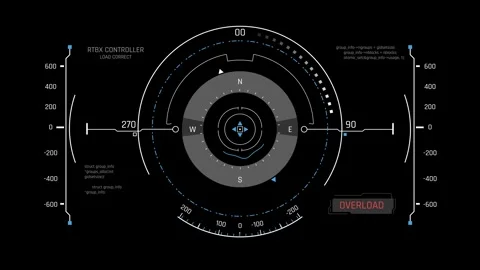 Futuristic Compass Targeting HUD With Circular Reticle And Overload Warning Stock Footage 344951616