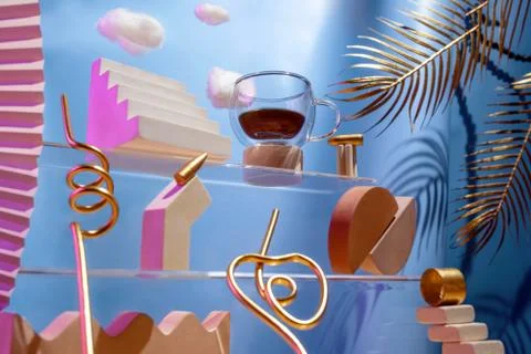 Futuristic composition on the theme of coffee, various figures, bullets, clouds 写真素材