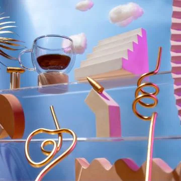 Futuristic composition on the theme of coffee, various figures, bullets, clouds Stockfoto's