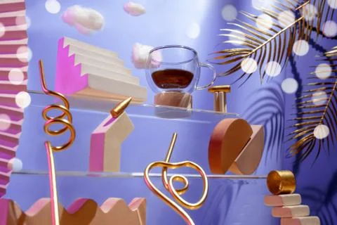 Futuristic composition on the theme of coffee, various figures, bullets, clouds Stock Photos