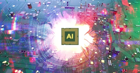 Futuristic computer hardware with AI chip and burning energy flames. Stockbeeldmateriaal 337187200