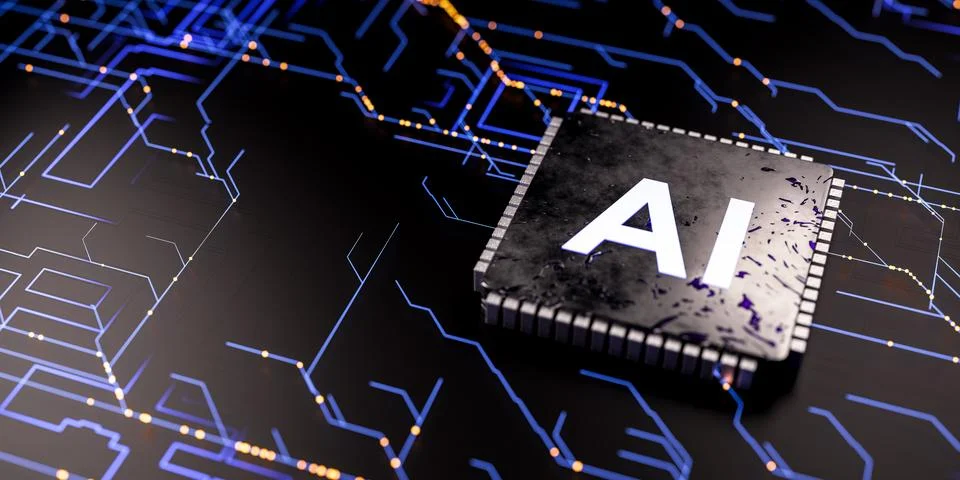 Futuristic computer hardware AI chip on modern motherboard, artificial intell Stock Photos