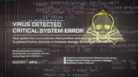 Futuristic computer interface displaying virus detected alert with critical Stock Footage 328698912