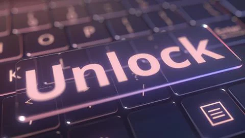 Futuristic computer keyboard and transparent unlock key. Conceptual 3D rendering Stock Illustration