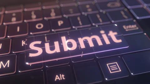 Futuristic computer keyboard and transparent submit key. Conceptual 3D rendering Stock-Illustration