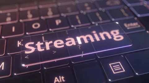 Futuristic computer keyboard and transparent streaming key. Conceptual 3D イラスト素材