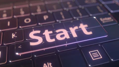 Futuristic computer keyboard and transparent start key. Conceptual 3D rendering イラスト素材