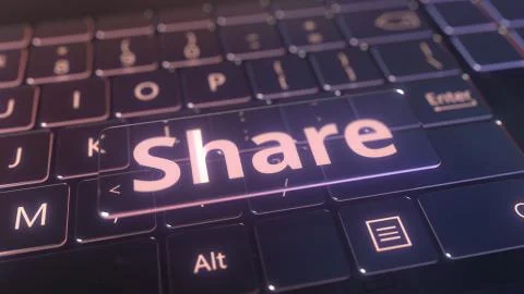 Futuristic computer keyboard and transparent share key. Conceptual 3D rendering 스톡 일러스트