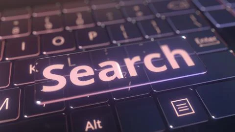 Futuristic computer keyboard and transparent search key. Conceptual 3D rendering Stock Illustration