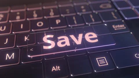 Futuristic computer keyboard and transparent save key. Conceptual 3D rendering Illustrazione stock
