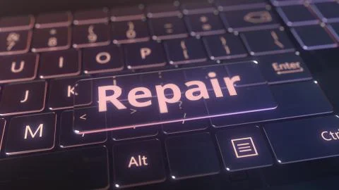Futuristic computer keyboard and transparent repair key. Conceptual 3D rendering Illustrazione stock