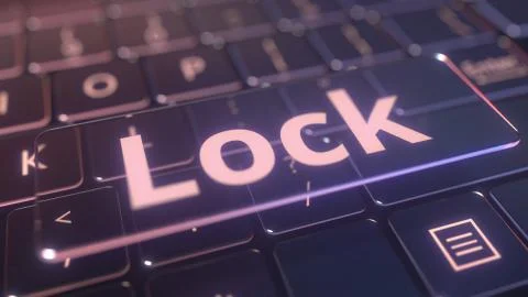 Futuristic computer keyboard and transparent lock key. Conceptual 3D rendering Stock Illustration