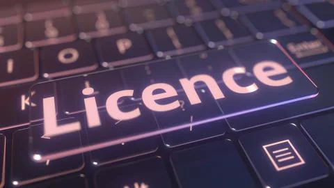 Futuristic computer keyboard and transparent licence message. Conceptual 3D Stockillustratie