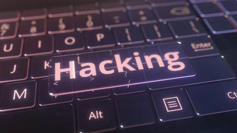 Futuristic computer keyboard and transparent hacking key. Conceptual 3D Stock Illustration