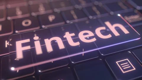 Futuristic computer keyboard and transparent fintech plate. Conceptual 3D Stock-Illustration