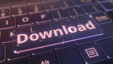Futuristic computer keyboard and transparent download key. Conceptual 3D Illustrazione stock