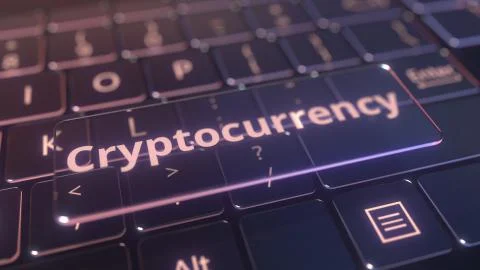 Futuristic computer keyboard and transparent cryptocurrency plate. Conceptual 3D Stock Illustration