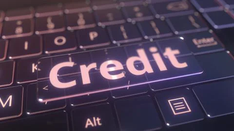 Futuristic computer keyboard and transparent credit key. Conceptual 3D rendering Illustrazione stock