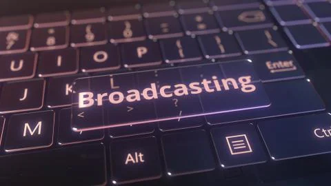 Futuristic computer keyboard and transparent broadcasting key. Conceptual 3D Illustrazione stock