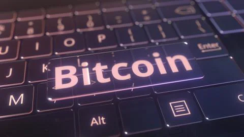 Futuristic computer keyboard and transparent bitcoin plate. Conceptual 3D Illustrazione stock