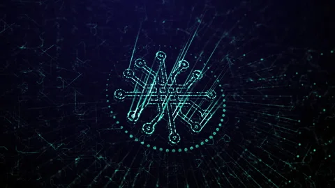 Futuristic computer network background with glowing matrix code for digital and Video stock 317920327