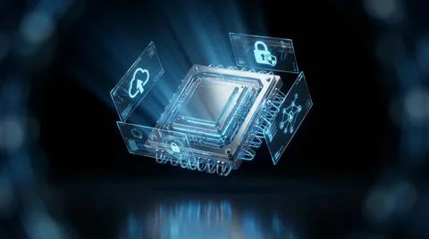 A futuristic computer processor chip surrounded by glowing digital security Stock Photos