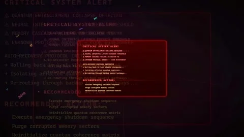 Futuristic Computer Screen with Critical System Alert and Scrolling Red Warning Stock Footage 341068513