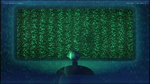 Futuristic Computer Screen Displaying Green Digital Matrix Code in Dark Room Stock Footage 341454921