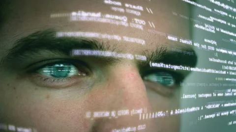 Futuristic computer worker with code Stock Footage