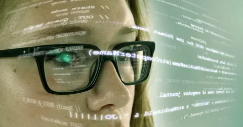 Futuristic Computer worker Woman with code VR Coding Version 4K Stock Footage 69748906