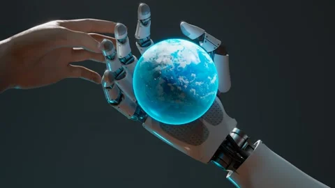 The futuristic concept with an advanced robotic arm holding the earth globe CGI Stock Footage 260902111