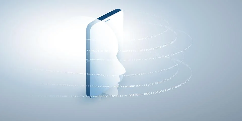 Futuristic concept of AI usage on mobile. A human face silhouette emerges f.. Stock Illustration