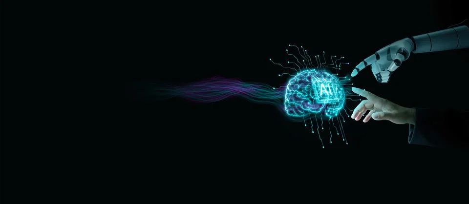 Futuristic concept of artificial intelligence and human connection reaching.. Stock Photos