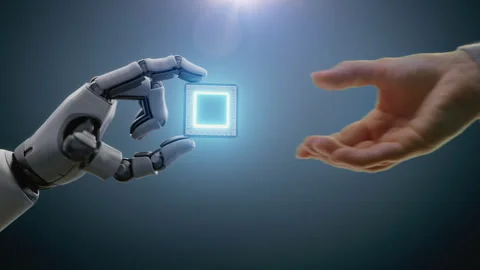 Futuristic Concept of Cooperation: Visualization of Human Giving Motherboard CPU Stock Footage 313684919