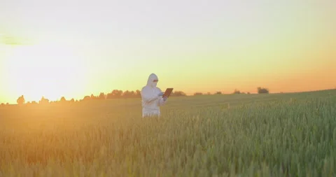 Futuristic concept of engineer using drone to scanning farm land. Drone analyzes Stock Footage 157644524