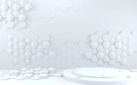 Futuristic concept hexagon white abstract showcase. 3D rendering Stock Illustration