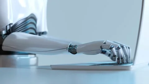 Futuristic concept of humanoid robot writing code on the laptop keyboard. Stock Footage 201182026
