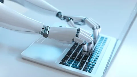 Futuristic concept of humanoid robot writing code on the laptop keyboard. Stock Footage 201182063