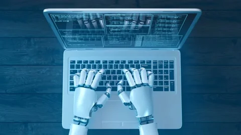 Futuristic concept of humanoid robot writing code on the laptop keyboard. Stock Footage 201182377