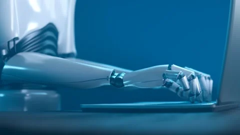 Futuristic concept of humanoid robot writing code on the laptop keyboard. Stock Footage 201182548