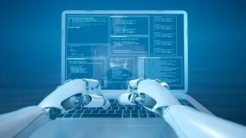 Futuristic concept of humanoid robot writing code on the laptop keyboard. Stock Footage 201182638