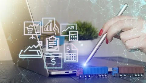 Futuristic concept of logistics and e-commerce featuring a hand using a sty.. Stock Photos