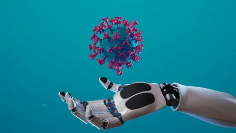 Futuristic concept of the modern robotic arm holding large virus molecule Stock Footage 201177761