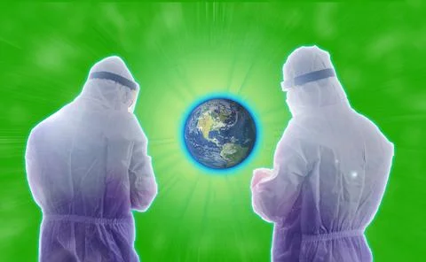 Futuristic concept of two testers dressed in PPE analyzing Earth data to chan Stock Photos