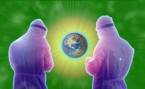 Futuristic concept of two testers dressed in PPE analyzing Earth data to chan Stock Photos