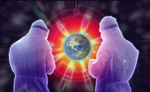 Futuristic concept of two testers dressed in PPE analyzing Earth data to chan Stock Photos