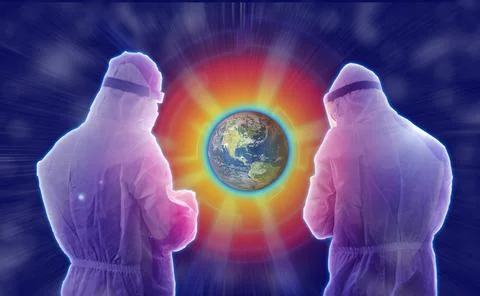Futuristic concept of two testers dressed in PPE analyzing Earth data to chan Stock Photos