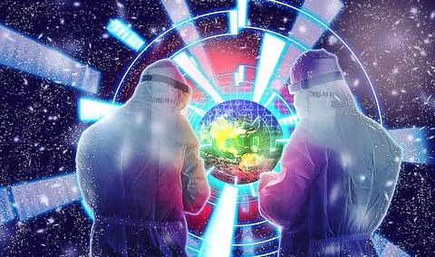 Futuristic concept of two testers dressed in PPE analyzing Earth data to chan Stock Photos