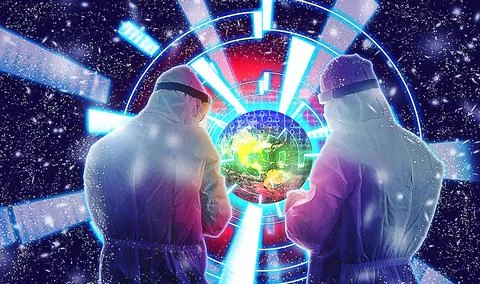 Futuristic concept of two testers dressed in PPE analyzing Earth data to chan Stock Photos