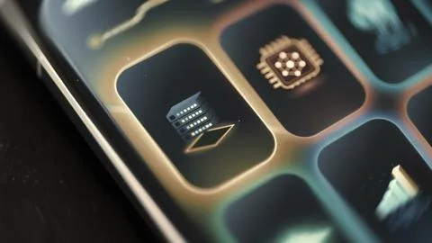 Futuristic control grid presents glowing processor and server symbols Stockfoto's